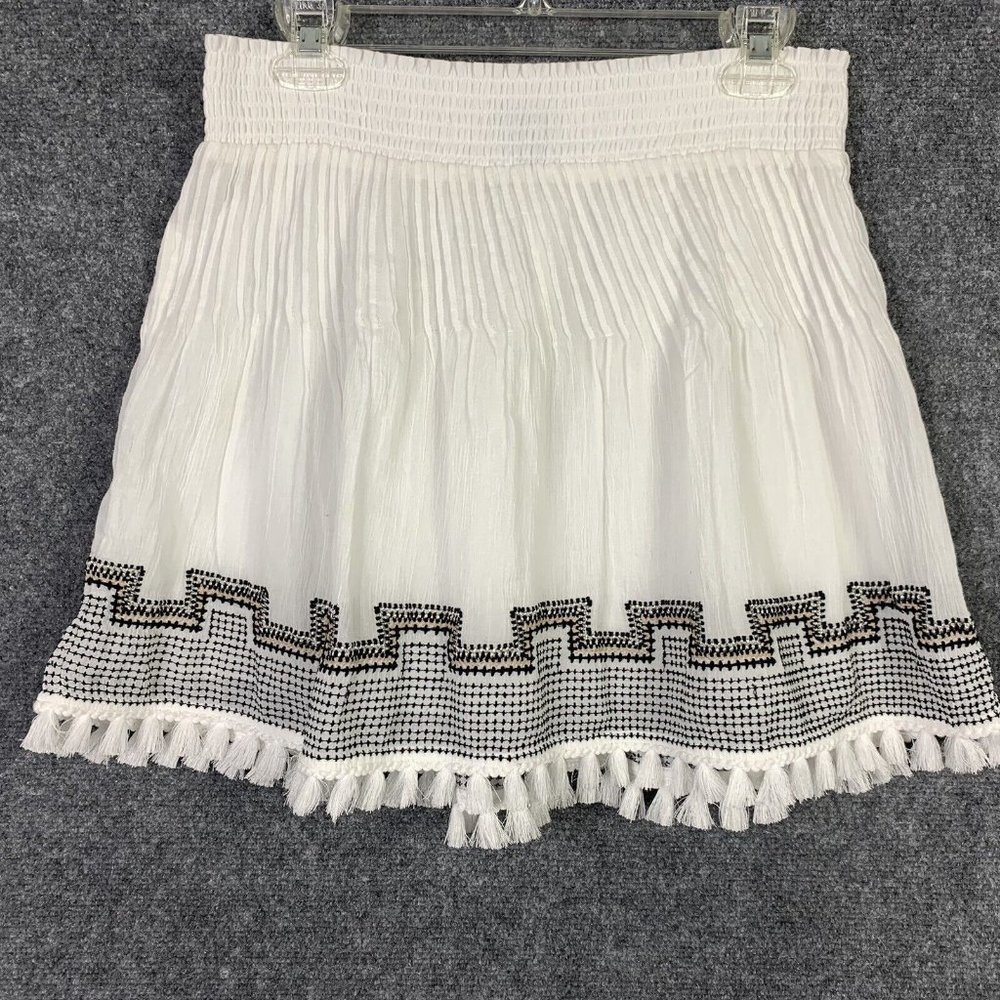 J Crew White Embroidered Border Short Shirt Women Small Tassel Hem Lined